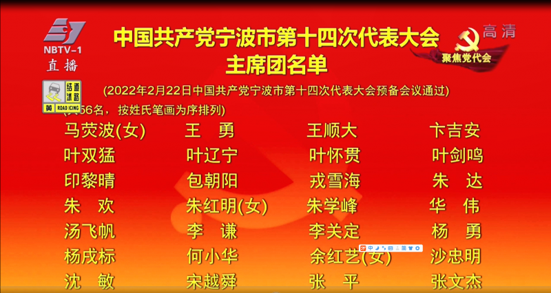 市第十四次党代会主席团名单公布，共56名